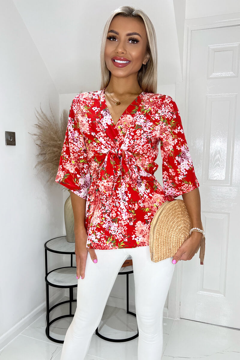 Red Floral Front Tie Wrap Top