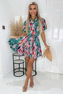 Multi Abstract Printed Short Sleeve Belted Skater Dress
