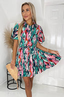 Multi Abstract Printed Short Sleeve Belted Skater Dress