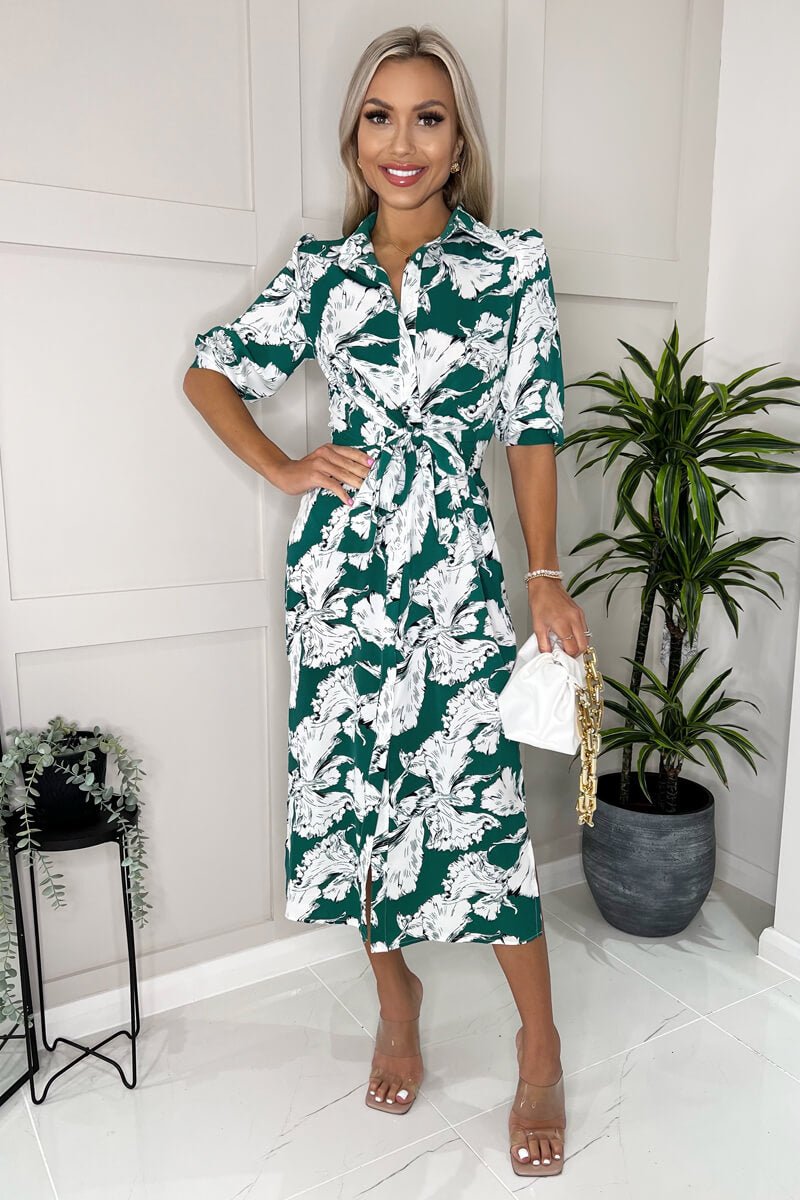 Green And White Floral Printed 3/4 Sleeve Midi Shirt Dress – AX Paris