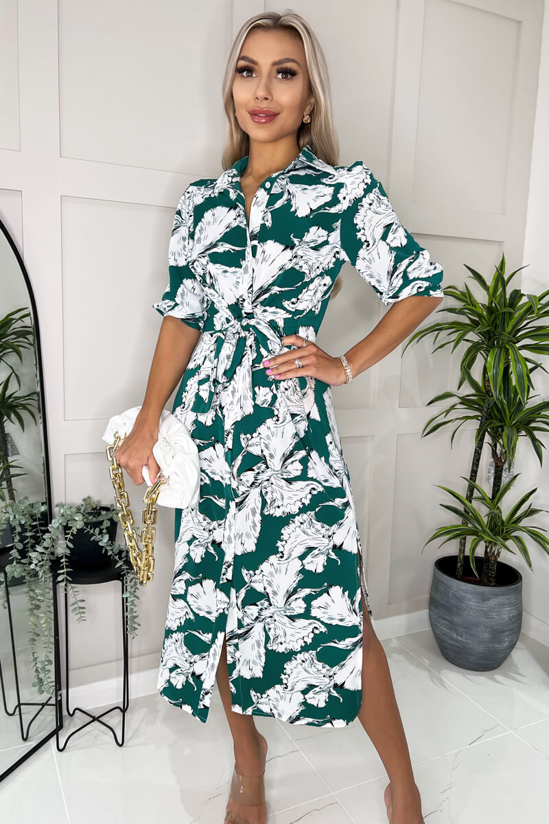 Green And White Floral Printed 3/4 Sleeve Midi Shirt Dress