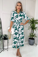 Green And White Floral Printed 3/4 Sleeve Midi Shirt Dress