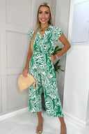 Green And White Printed V Neck Wrap Top Jumpsuit