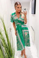 Green Paisley Printed Short Sleeve Belted Midi Dress