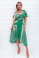 Green Paisley Printed Short Sleeve Belted Midi Dress