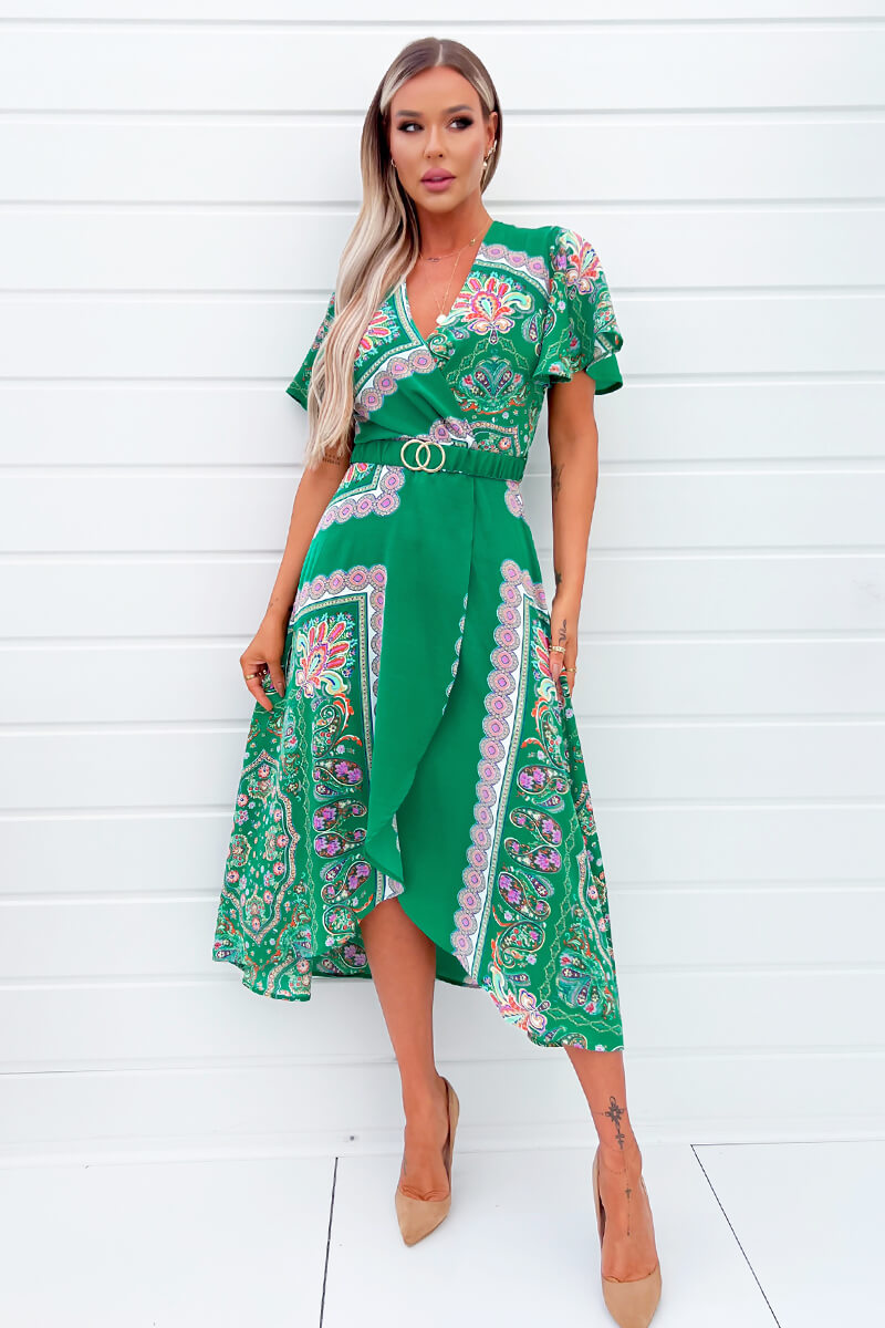 Green Paisley Printed Short Sleeve Belted Midi Dress