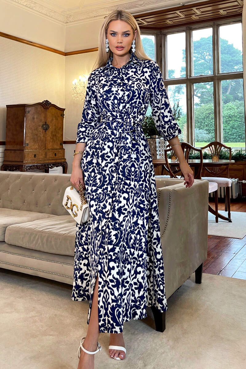 Navy and Cream Printed Shirt Dress AX Paris