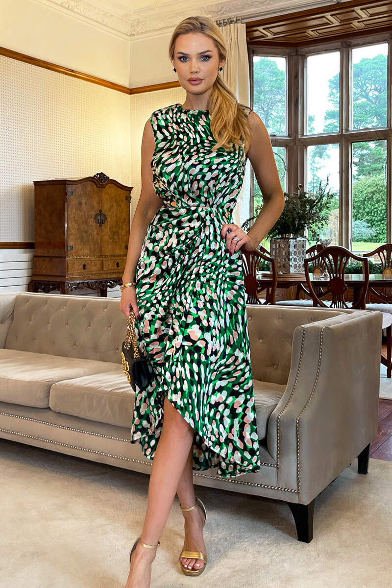 Green Printed Gathered Waist Midi Dress With Padded Shoulders – AX Paris