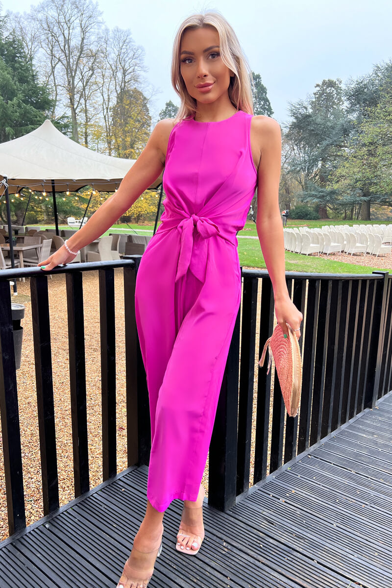 Hot Pink Sleeveless Knot Front Jumpsuit