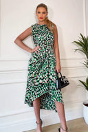 Green Printed Gathered Waist Midi Dress With Padded Shoulders