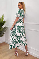 Green And Cream Printed Short Sleeve Wrap Over Midi Dress