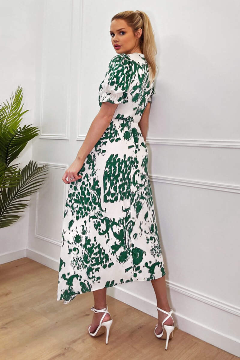 Green And Cream Printed Short Sleeve Wrap Over Midi Dress