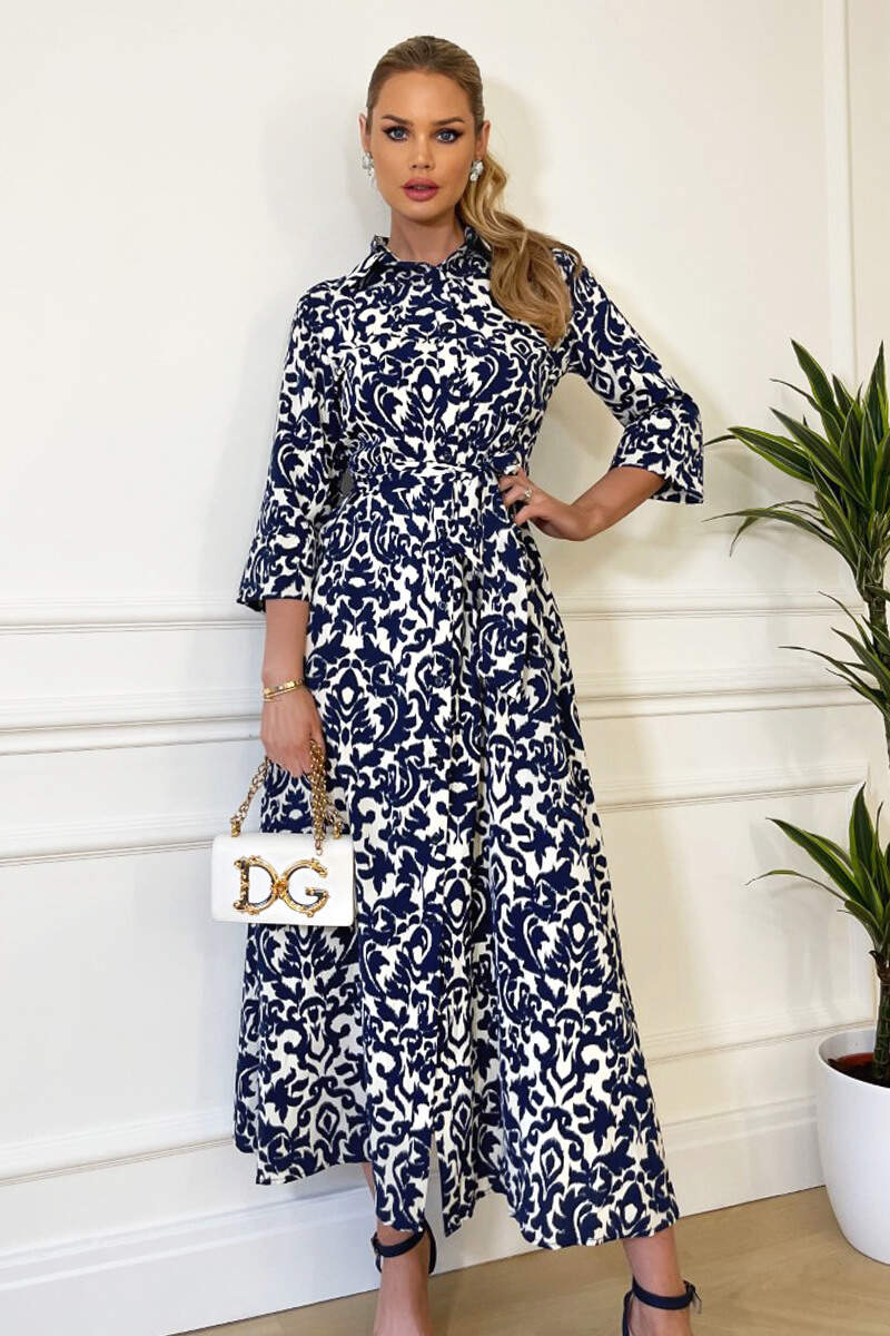 navy blue and cream dress Reiss Petite Pleated Belted Midi Dress in Navy/Cream