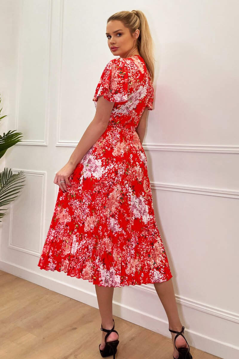 Red Floral Printed Pleated Midi Dress