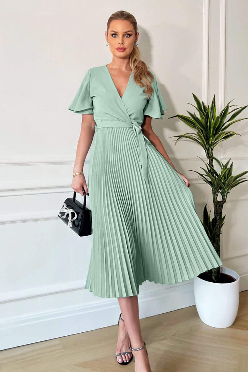 Duck Egg Pleated Midi Dress with Tie Waist – AX Paris