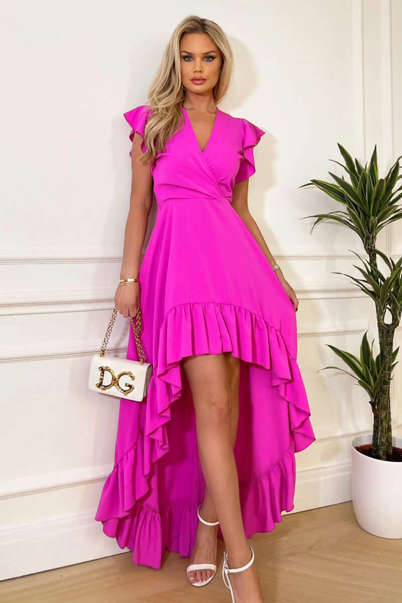 Hot Pink High Low Frill Hem V Neck Midi Dress – AX Paris