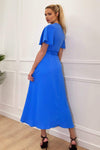 Blue Short Sleeve Belted Wrap Midi Dress