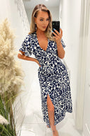 Navy And Cream Printed Bell Sleeve Midi Dress