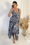 Navy And Cream Printed V Neck Zig Zag Hem Pleated Midi Dress