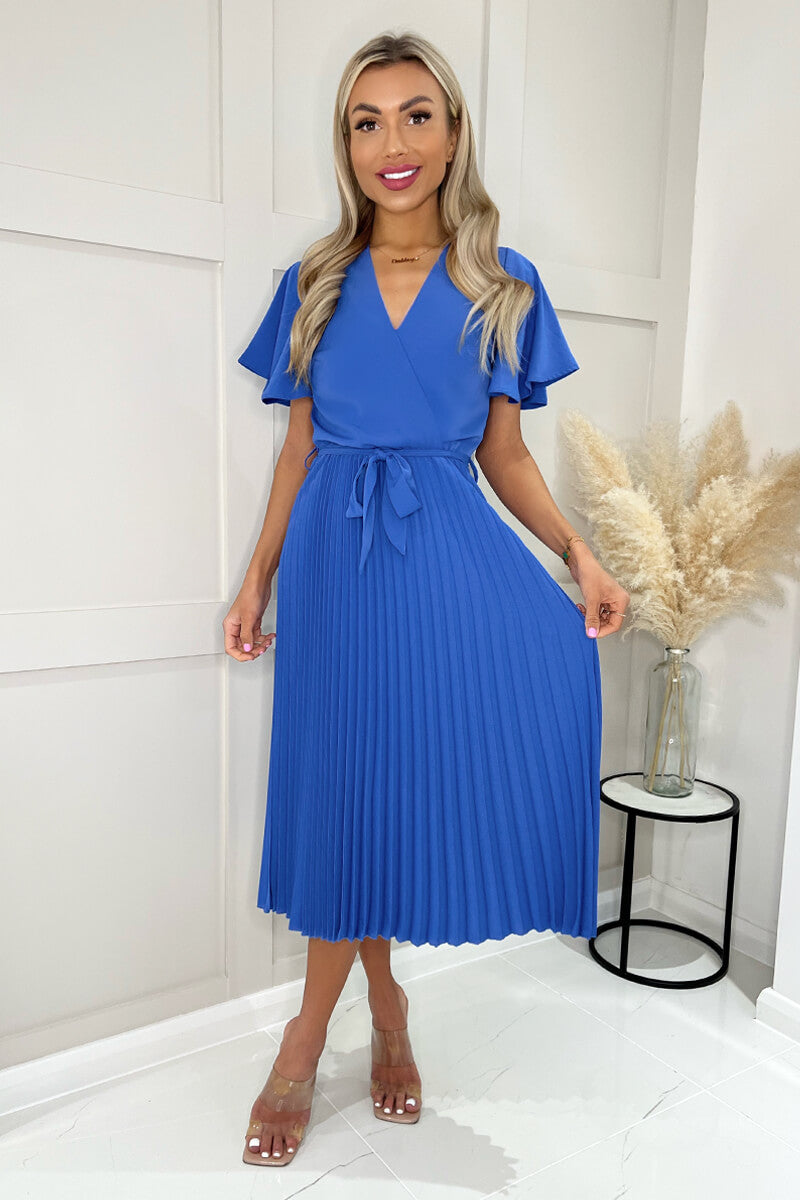 Blue Pleated Midi Dress with Tie Waist  AX Paris