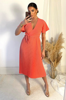 Peach Pleated Midi Dress with Tie Waist