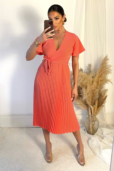 Peach Pleated Midi Dress with Tie Waist