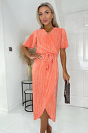 Peach Wrap Top Belted Short Sleeve Plisse Midi Dress