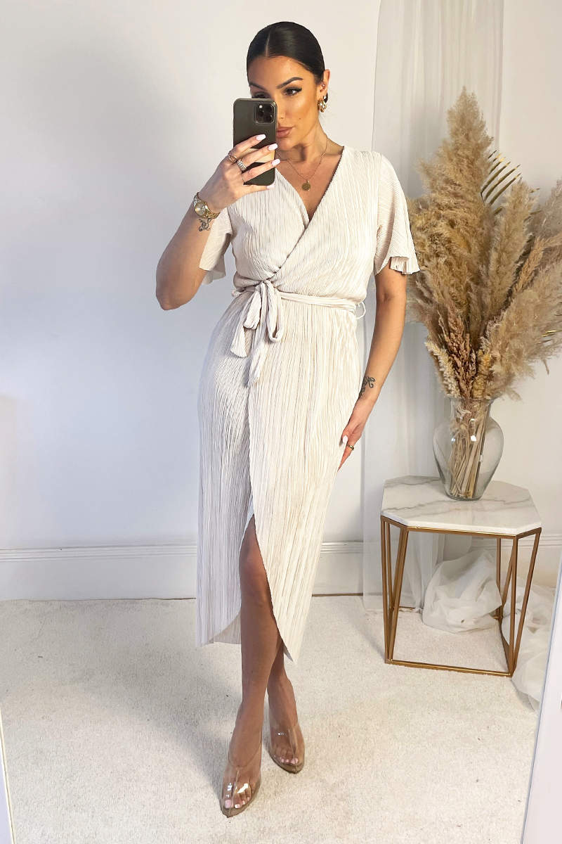 Cream Wrap Top Belted Short Sleeve Plisse Midi Dress AX Paris Cream Wrap Top Belted Short Sleeve Plisse Midi Dress AX Paris