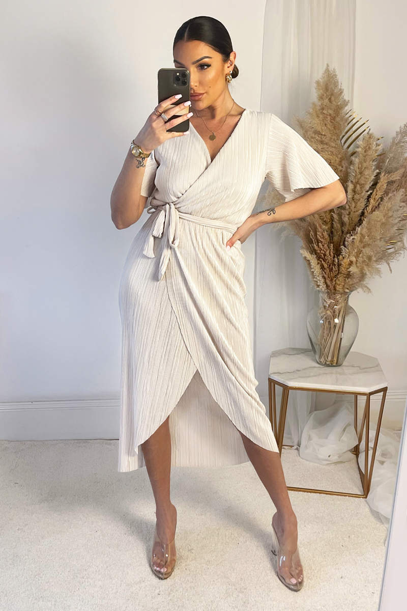 Cream Wrap Top Belted Short Sleeve Plisse Midi Dress AX Paris Cream Wrap Top Belted Short Sleeve Plisse Midi Dress AX Paris