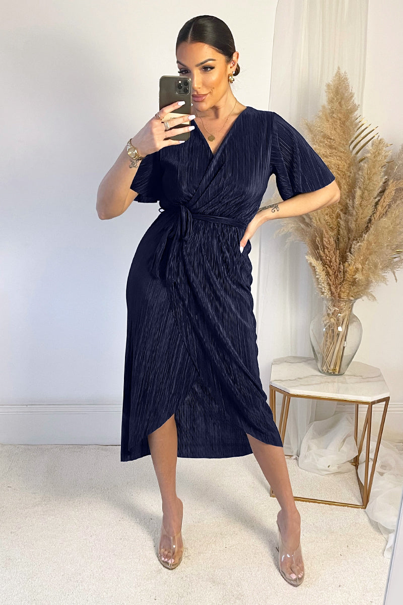 navy wrap midi dress AX Paris Navy Short Sleeve Ring Detail Wrap Midi Dress