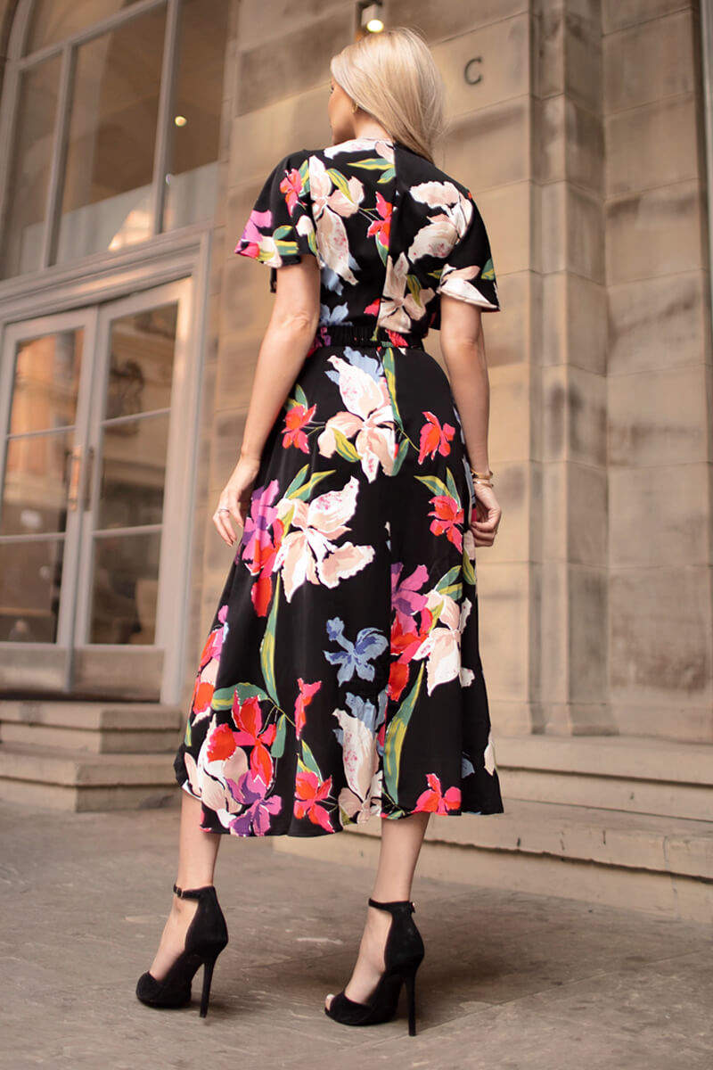 Multi Floral Printed Short Sleeve Belted Wrap Midi Dress