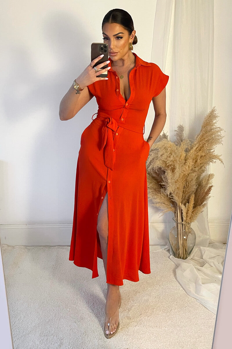 Burnt Orange Tie Waist Button Up Midi Dress AX Paris Burnt Orange Tie Waist Button Up Midi Dress AX Paris