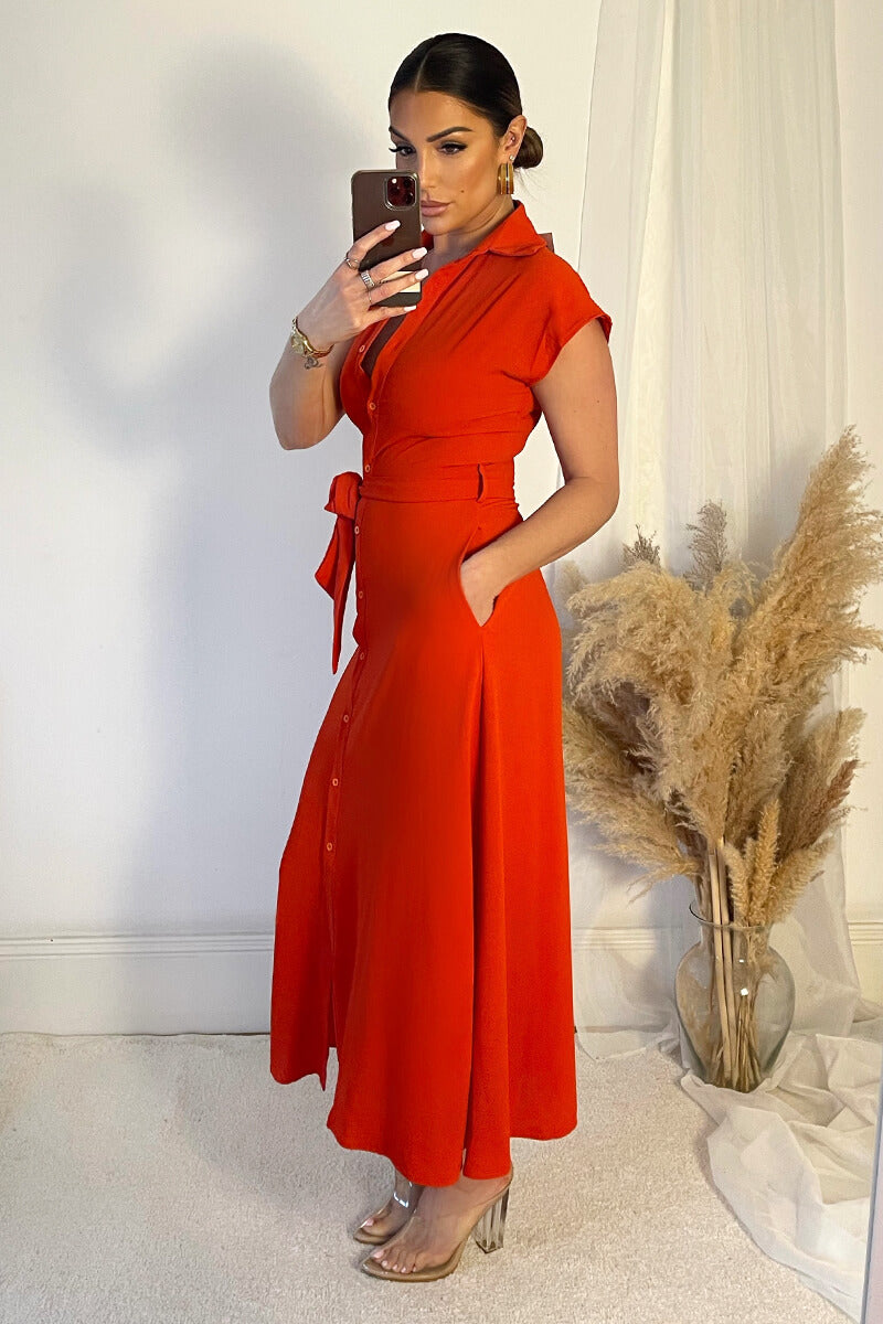 Burnt Orange Tie Waist Button Up Midi Dress AX Paris Burnt Orange Tie Waist Button Up Midi Dress AX Paris