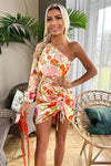 Multi Floral Print One Sleeve Ruched Side Mini Dress