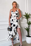 Black and Cream Floral Print Frill Hem Midi Dress