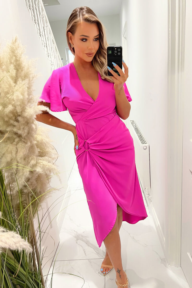 Hot Pink Short Sleeve V-Neck Buckle Wrap Midi Dress