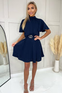 Navy Short Sleeve High Neck Belted Skater Dress