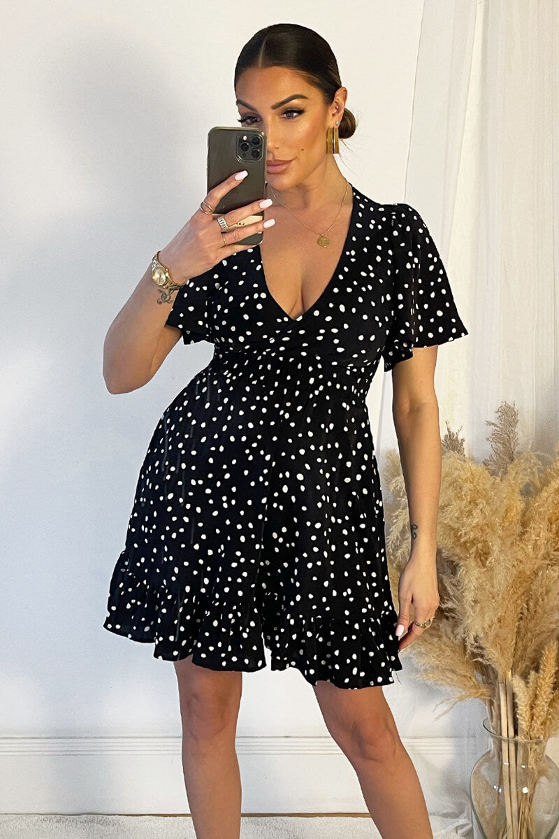 Black And White Polka Dot Print Wrap Top Frill Hem Dress – AX Paris