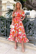 Multi Floral Print Bardot Style Midi Dress