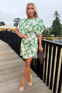 Green Floral Printed Batwing Mini Dress