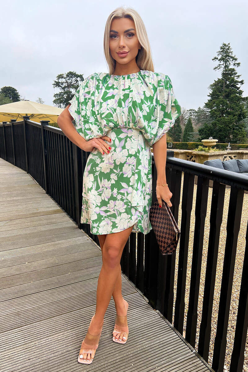 Green Floral Printed Batwing Mini Dress