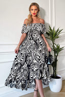 Black And White Printed Bardot Style Midi Dress