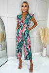 Multi Printed Wrap Front Frill Sleeve Belted Jumpsuit