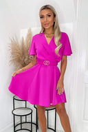 Hot Pink Wrap Over Belted Skater Dress With Short Sleeves