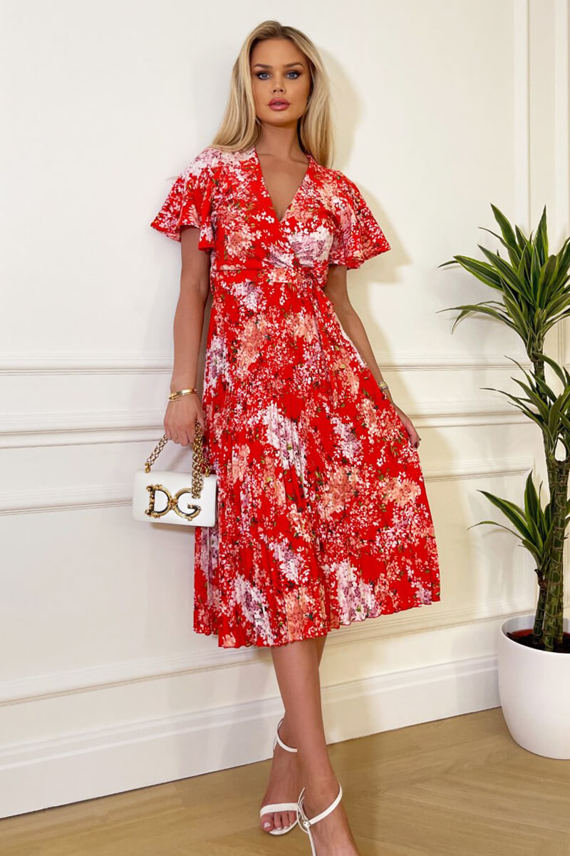 Red Floral Printed Pleated Midi Dress