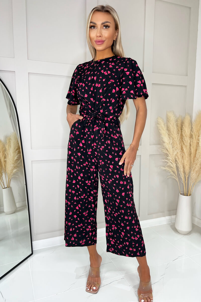 Black And Pink Floral Printed Short Sleeve Tie Waist Jumpsuit – AX