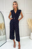 Navy And Pink Speckled Print V Neck Belted Jumpsuit