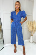Blue Printed Puff Sleeve Wrap Top Belted Jumpsuit
