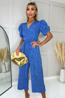 Blue Printed Puff Sleeve Wrap Top Belted Jumpsuit