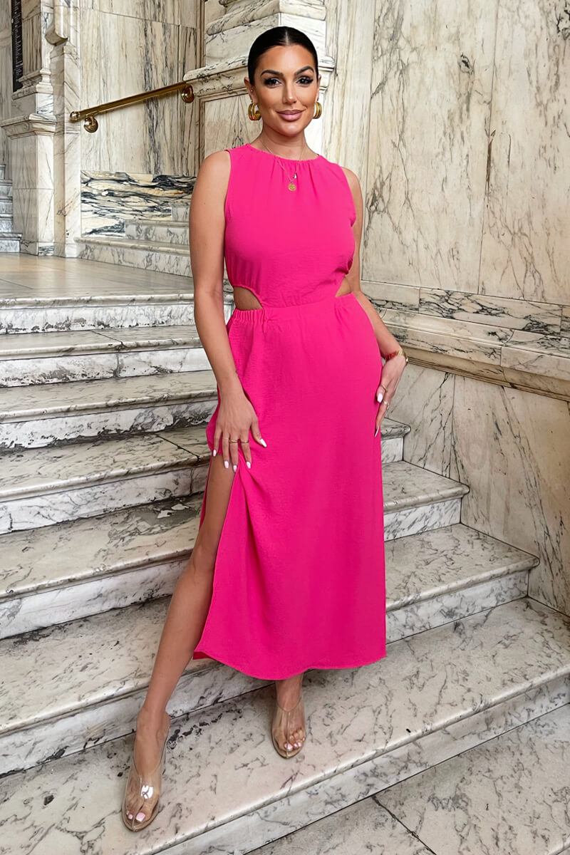 Hot Pink Cut Out Midi Dress AX Paris Hot Pink Cut Out Midi Dress AX Paris